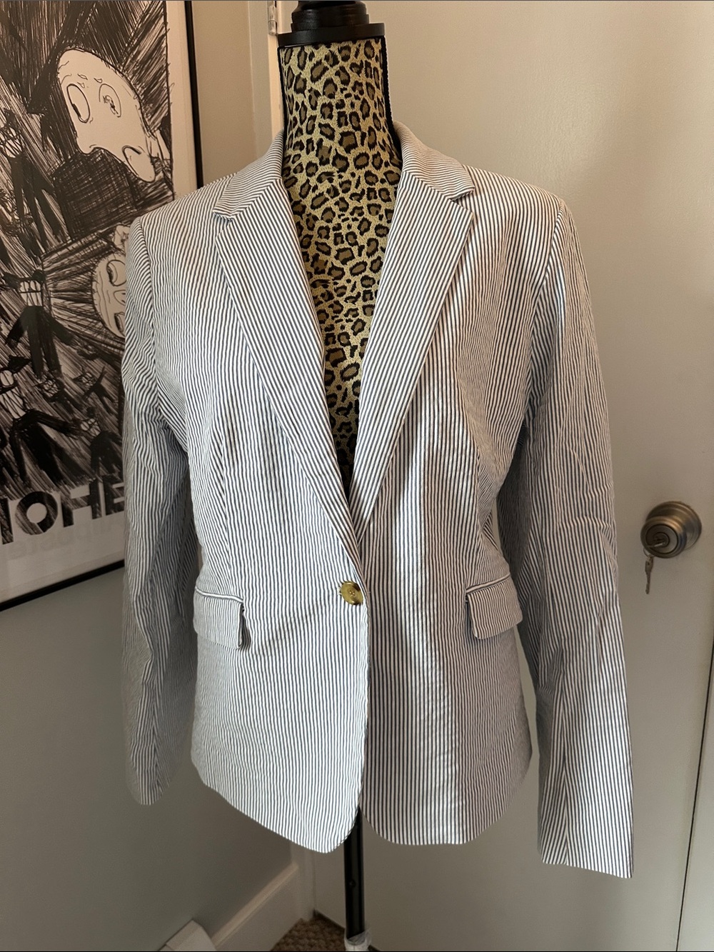 Women's White and Blue Pinstripe Single-Button Blazer